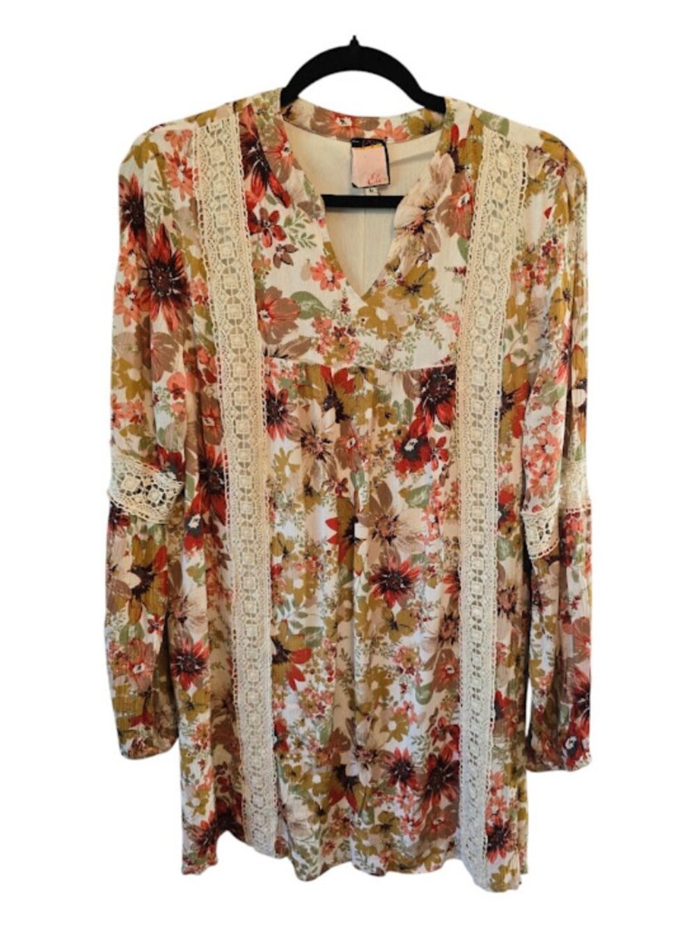 FLORAL PRINT RAYON DRESS CROCHET LACE TRIM GAUZE LINED SIZE MEDIUM BOHO ETC.